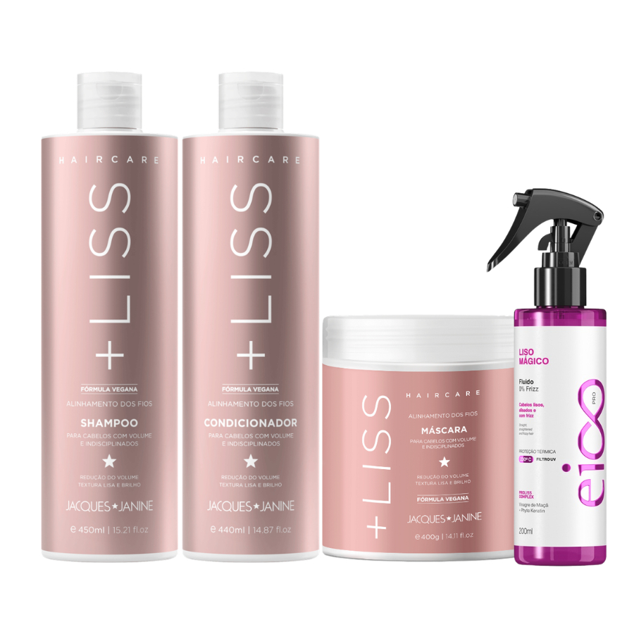 Kit Jacques Janine Liss Shampoo Condicionador 450ml + Máscara Tratamento 400g + Spray Liso Mágico Eico 200ml