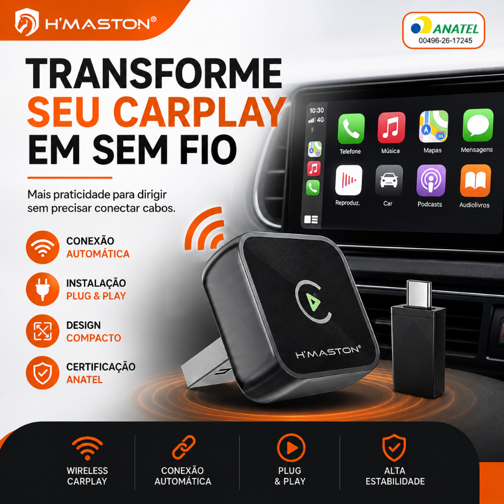 Adaptador CarPlay Sem Fio Wireless iPhone Plug and Play CarPlay Original USB ANATEL H'MASTON CZ01