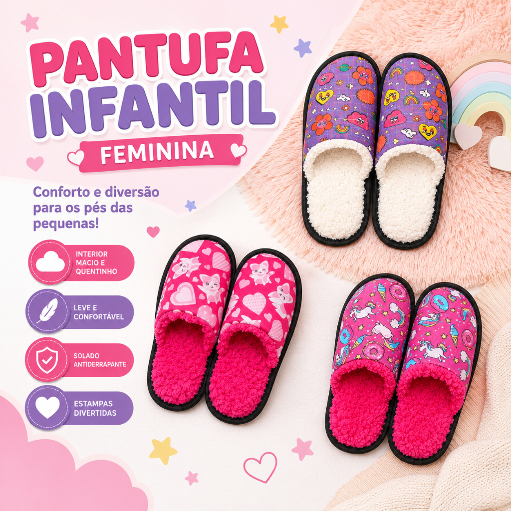 Pantufa Infantil Feminina Peluciada Chinelo de Inverno - Unicórnio Gatinha Flor Coração quentinha confortável