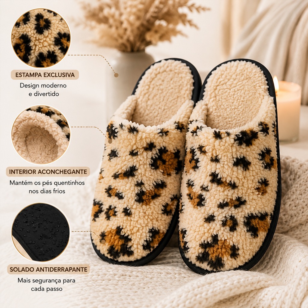Pantufa feminina peluciada Senza Spina estampa Onça - Chinelo de Inverno