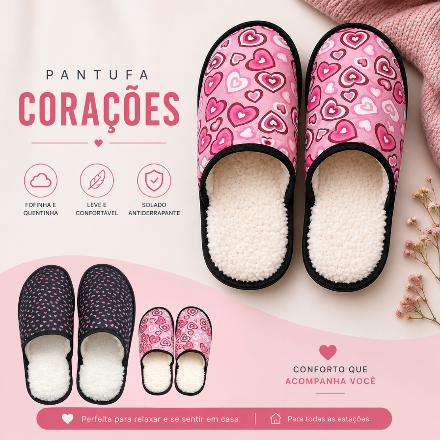 Pantufa Feminina Quentinha Peluciada coração - Presente Amor