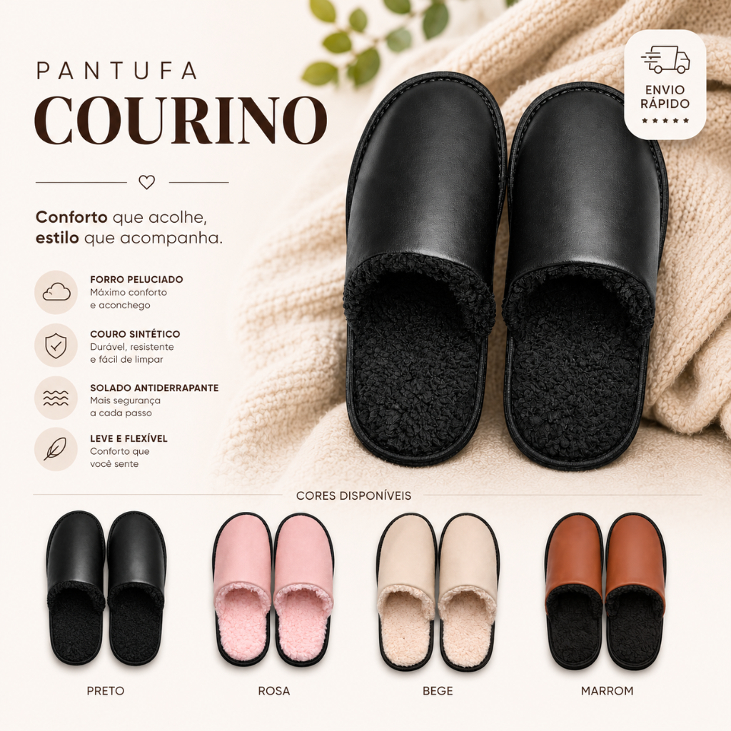 Pantufa Courino Peluciada Feminina e Masculina Quentinha Antiderrapante Inverno