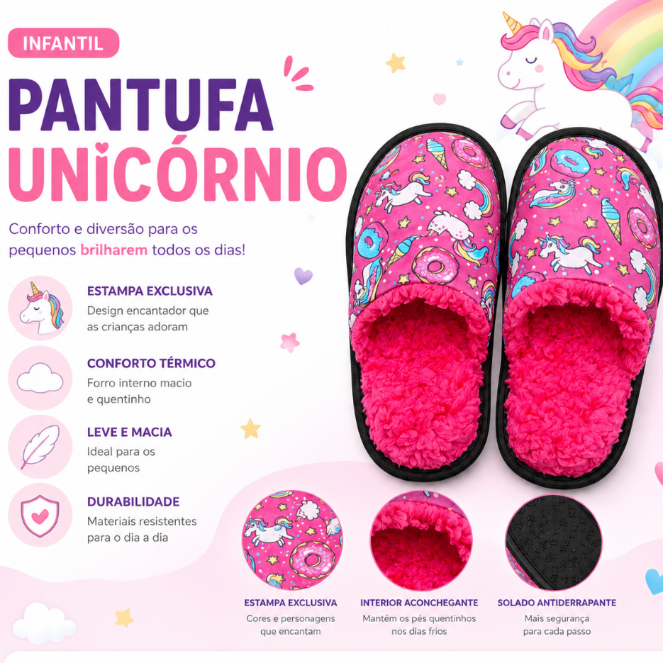 Pantufa Infantil Feminina Unicórnio Kawaii Peluciada Quentinha Inverno