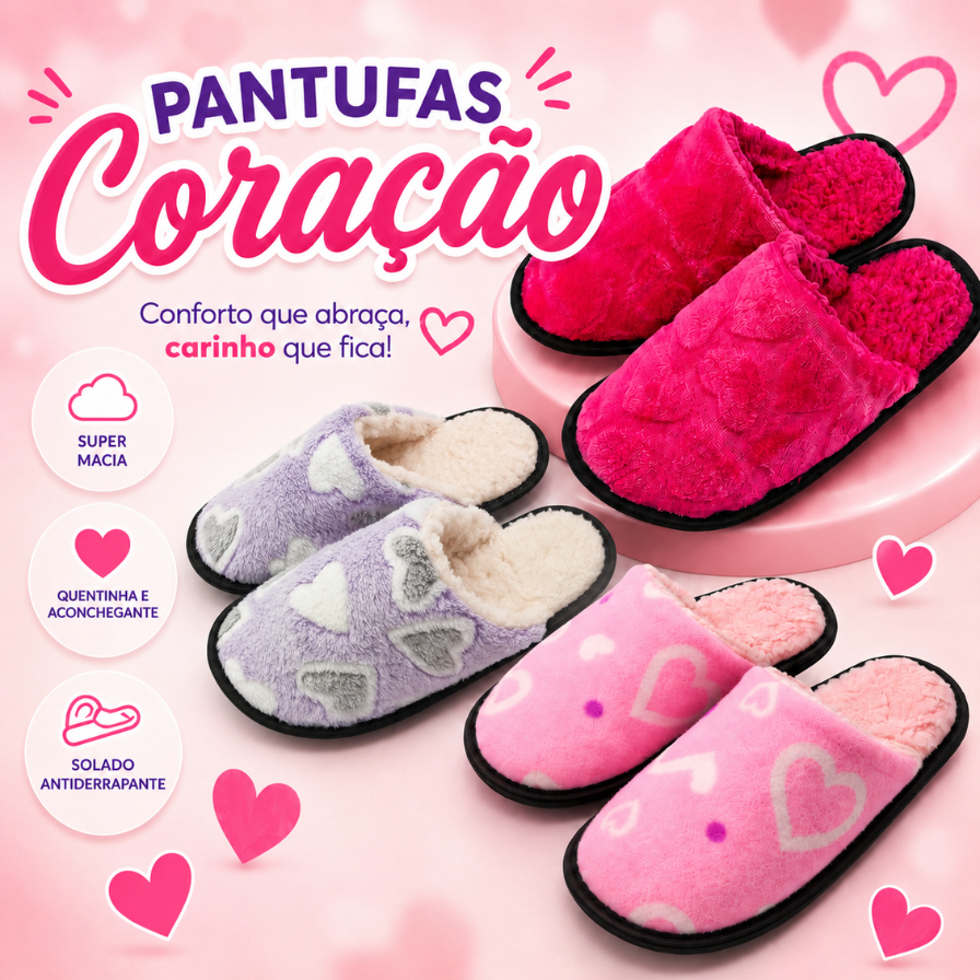Pantufa Feminina CORAÇÃO Pelúcia Inverno Quentinha Antiderrapante Confortável
