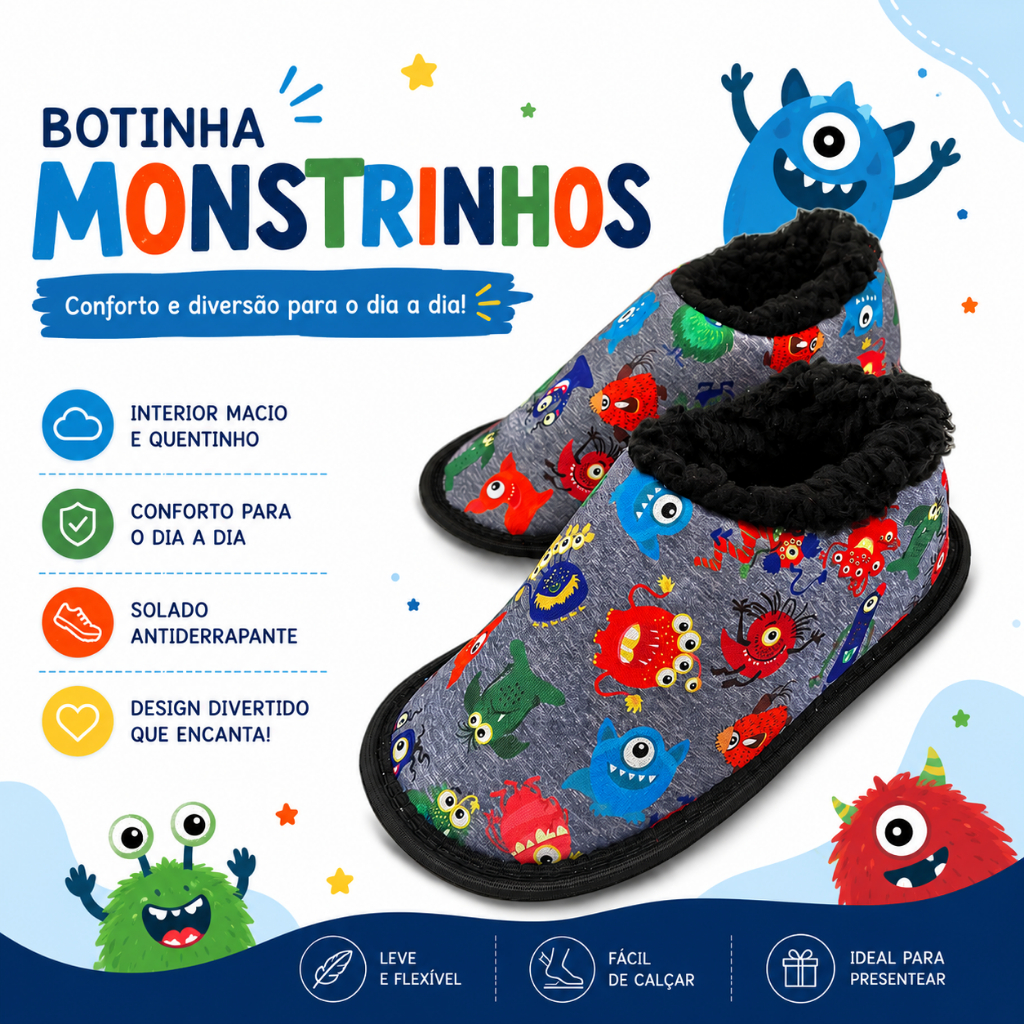 Pantufa BOTINHA infantil masculina peluciada - Monstrinhos - Senza Spina pantufa infantil