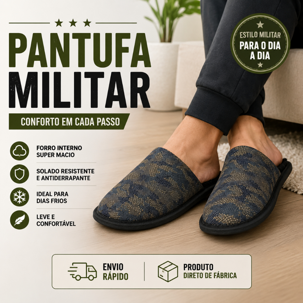 Pantufa Masculina Militar Camuflada Peluciada - Chinelo de Inverno