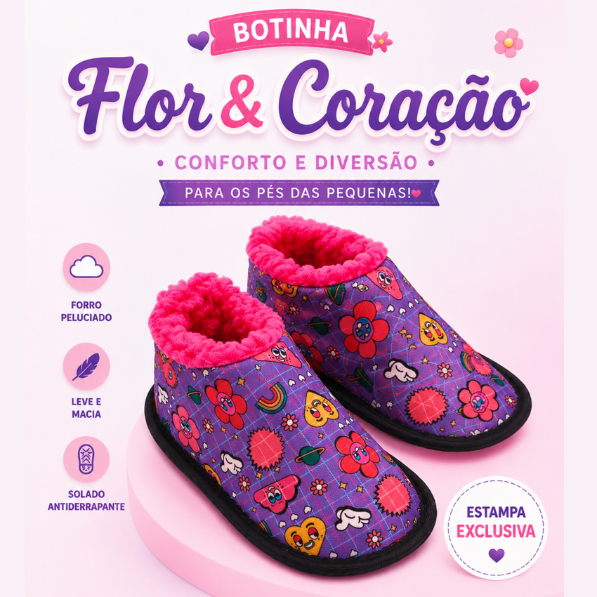 Pantufa BOTINHA feminina peluciada quentinha - Flor/Coração - Senza Spina pantufa infantil