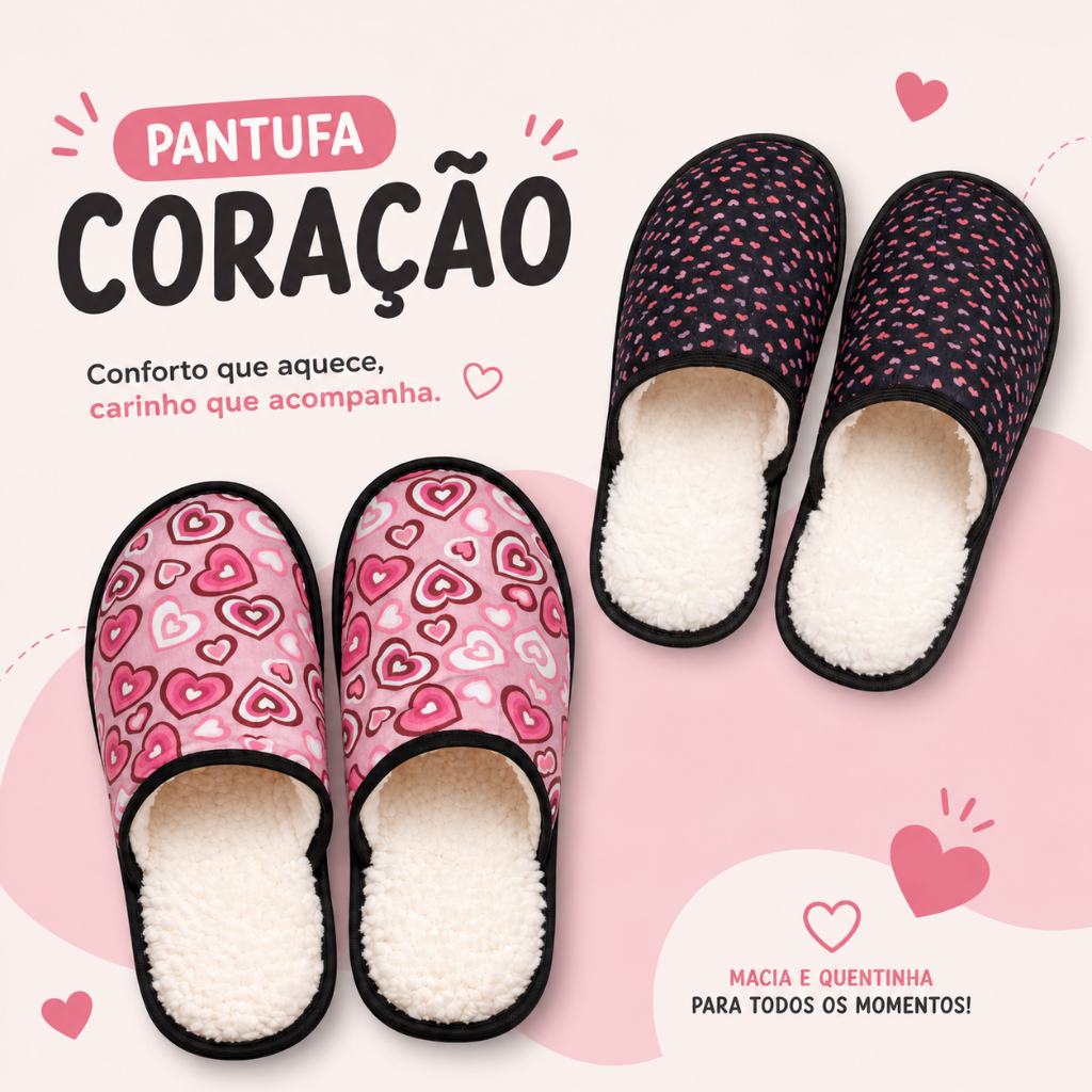 Pantufa Feminina Rosa de Coração Super Quentinha com Forro Macio Antiderrapante Conforto Inverno