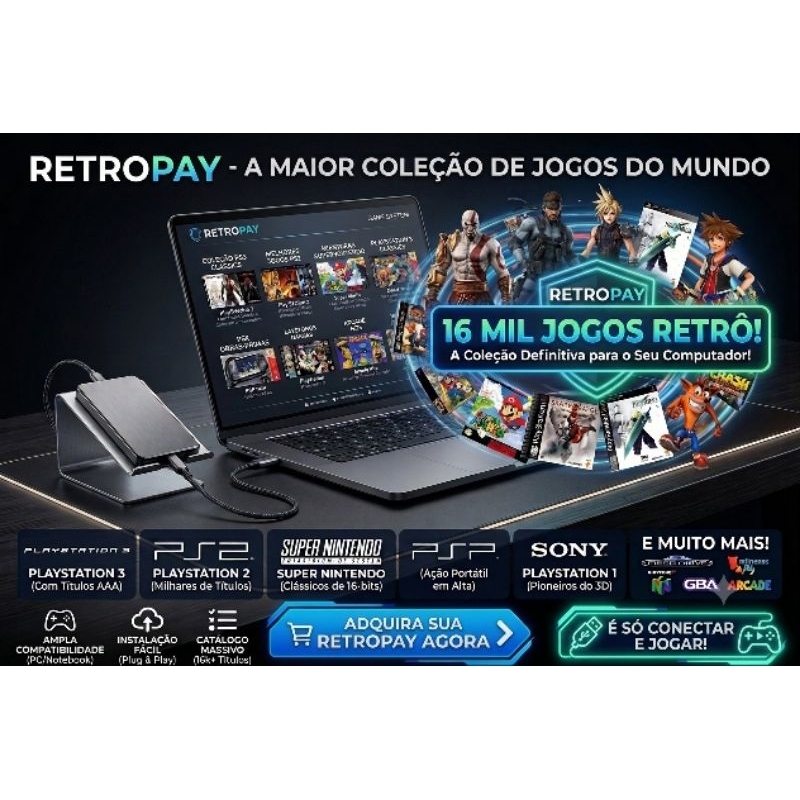 HD externo com 16 Mil Jogos retrô para PC Notebook PS3 PS2 PS1 Super Nintendo e Mais Plug & Play