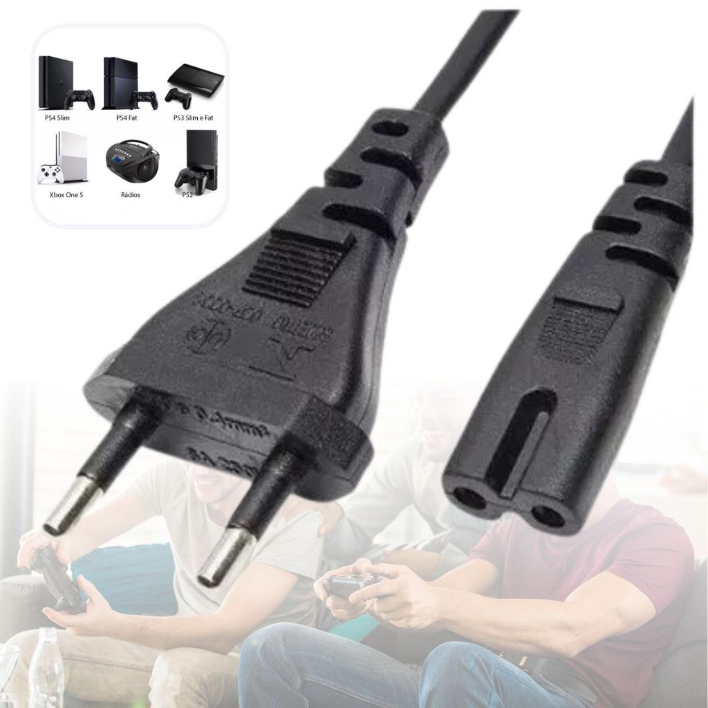 Cabo de Força Bipolar Compatível TV Smart Vídeo Games Ps2 Ps3 Ps4 Ps5 Fio de Energia Liga Na Tomada Bivolt Comprido 1,80