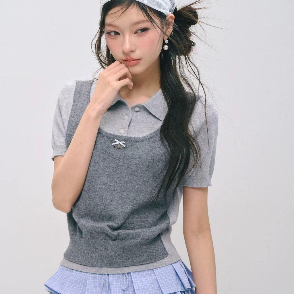 [Primeiro lançamento de produtos] Estilo formal cor contrastante falso gola Polo de duas peças suéter de manga curta fem
