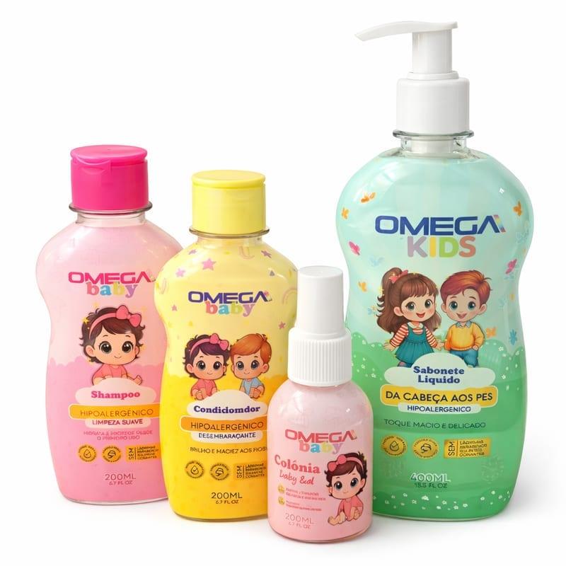 Kit Banho Bebê Omega Baby Menina 4 Produtos - Shampoo 200ml, Condicionador 200ml, Sabonete Líquido 400ml e Colônia 100ml