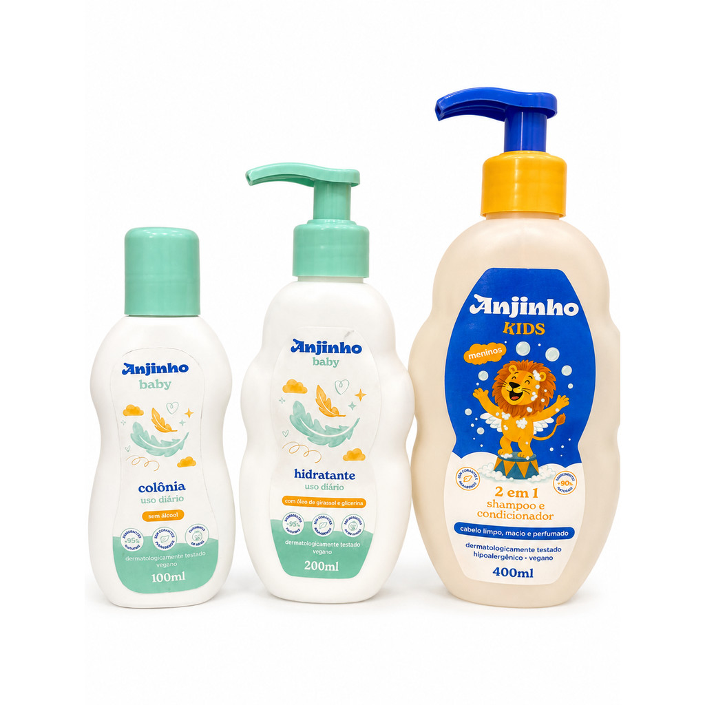 Kit Colonia 100ml, Hidratante 200ml, 2 em 1 Sham e Cond Menino 400ml Anjinho