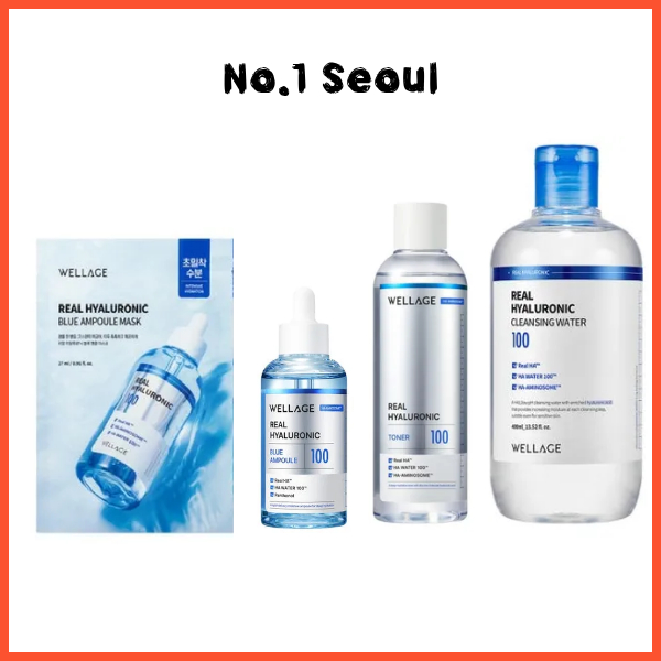 Wellage Real Hyaluronic Blue 100 Ampola 100ml/Pacote De Máscara 5P/Toner 200ml/Água De Limpeza 400ml