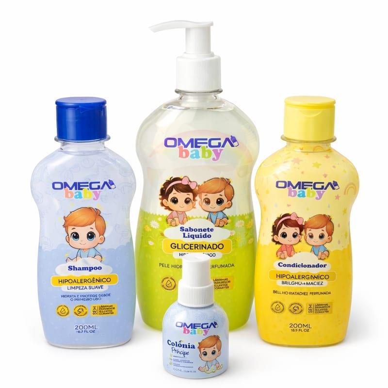 Kit Banho Completo Bebê Omega Baby - 4 Produtos (Shampoo 200ml, Condicionador 200ml, Sabonete 400ml, Colônia 100ml)