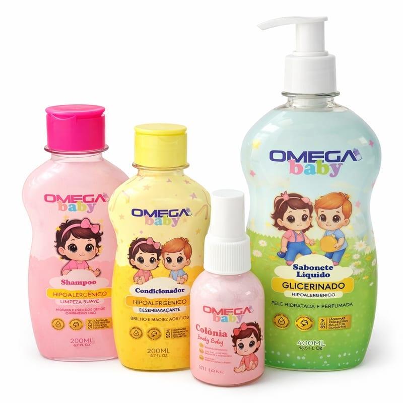 Kit Banho Bebê Omega Baby Menina 4 produtos - Shampoo 200ml, Condicionador 200ml, Sabonete Líquido 400ml, Colônia 100ml