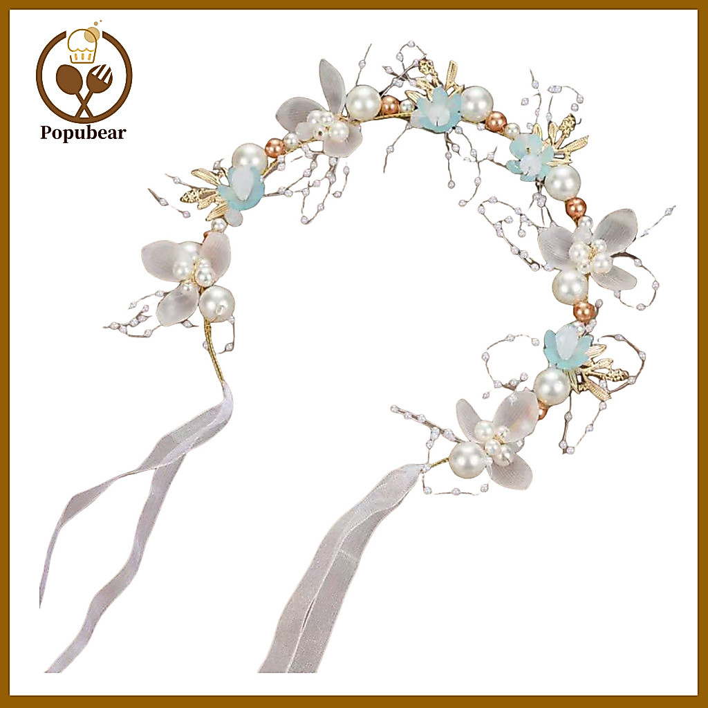 Wedding Flower Crown Headband Bohemian Floral Butterfly for Women – Adjustable Ribbon with Faux Pearls Cubic Zirconia
