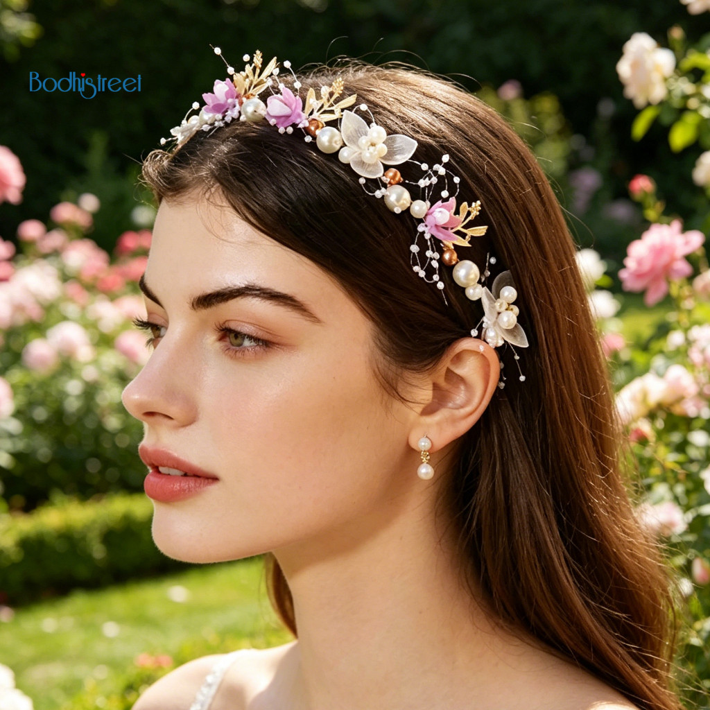 Floral Headband Butterfly Hair Accessory Hoop with Adjustable Ribbon Pale Pink Tulle Flowers Imitation Pearls Cubic Zirc