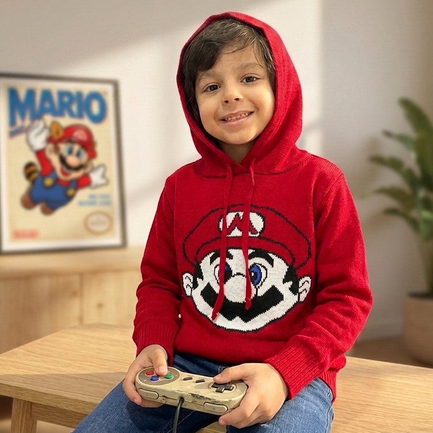 Blusa Casaco Inverno Infantil Manga Longa Capuz Bolso Personagem Mario World Moletom Tricô.