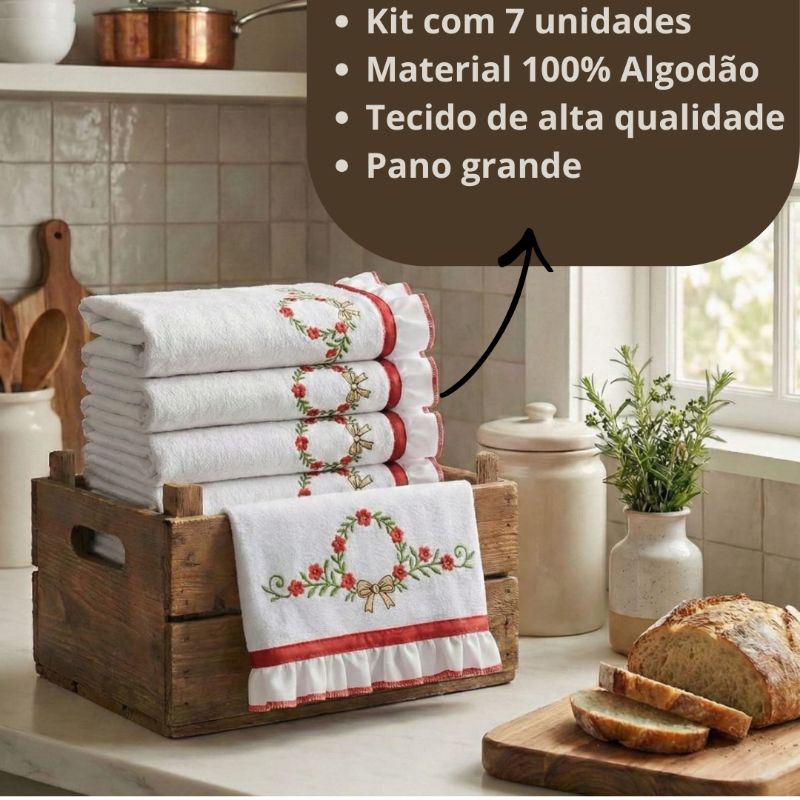 Kit Semaninha Pano De Prato Bordado 7 Peças 100% Algodão Coleção Dallas Luxury