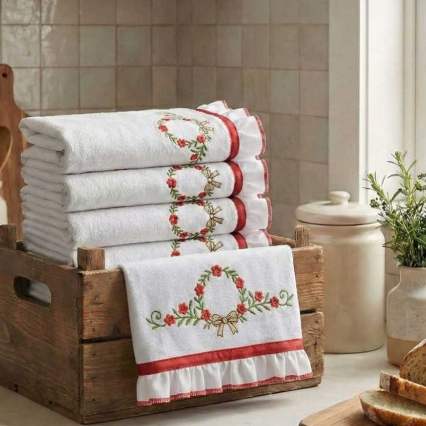 Kit Semaninha Pano De Prato Bordado 7 Peças 100% Algodão Coleção Dallas Luxury