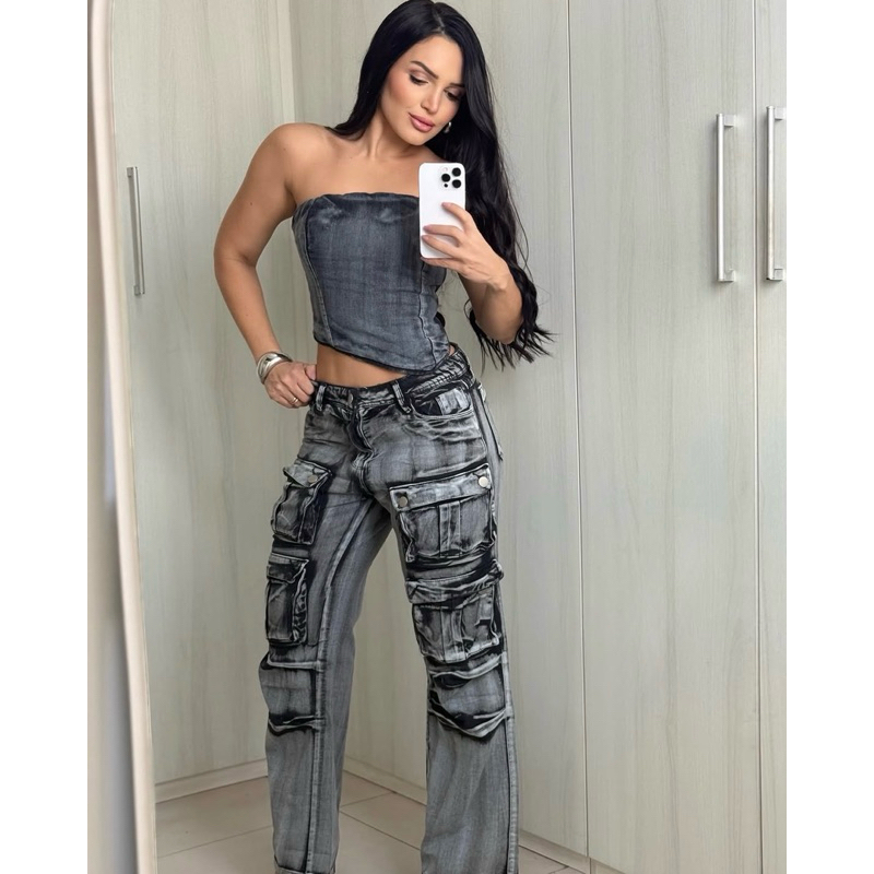 Conjunto Jeans Cargo Feminino – Estilo, Conforto e Modernidade