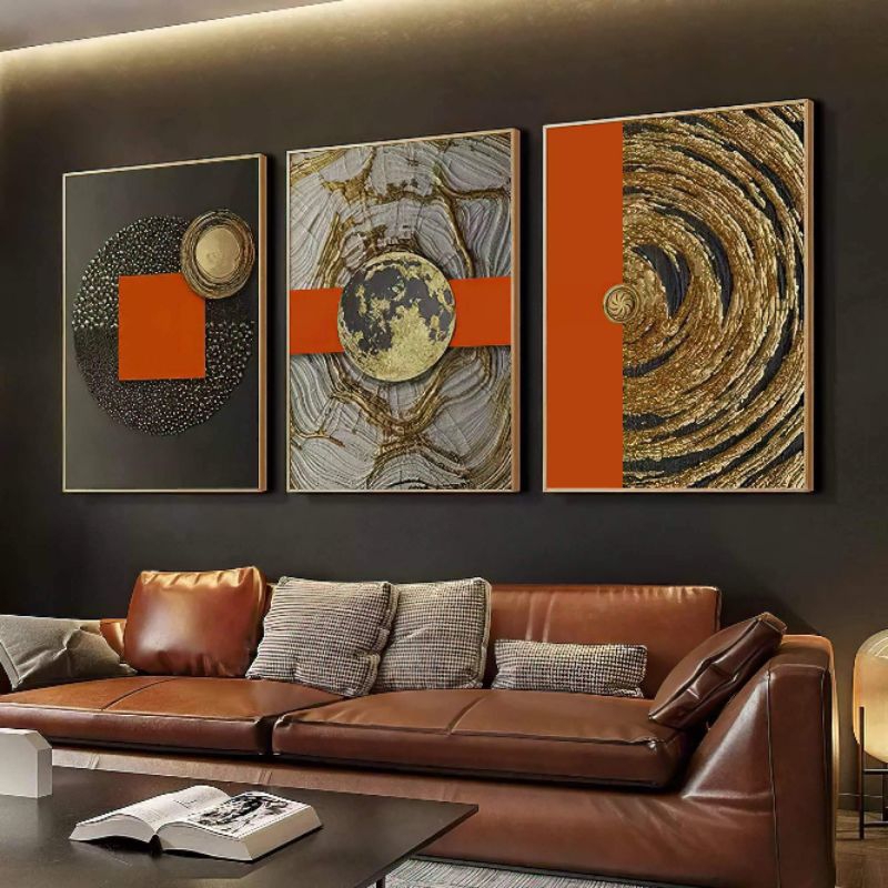 Quadro Decorativo 3 Telas: Composição Abstrata em Preto, Laranja e Dourado, Estilo e Modernidade para um Ambiente Artístico e Vibrante