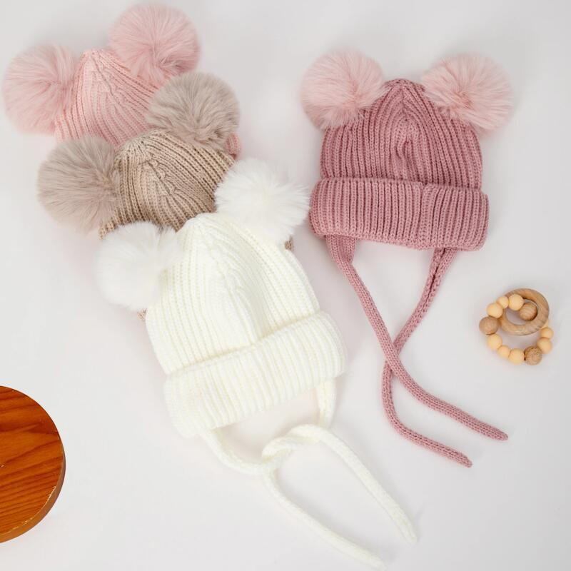 Pompom Winter Baby Hats Cute Beanies Caps Bear Ear Protection Knitted Boys Girls Warm Kids Crochet Infant Kid Headwear