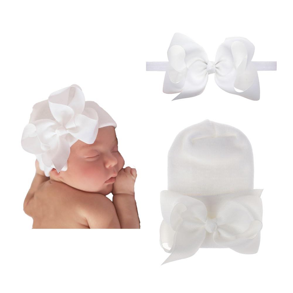 2PCS Newborn Baby Hat Infant Caps Baby Boy Girl Toddler Hospital Hats Bow Double Layer Knit Beanie Cap With Headband for