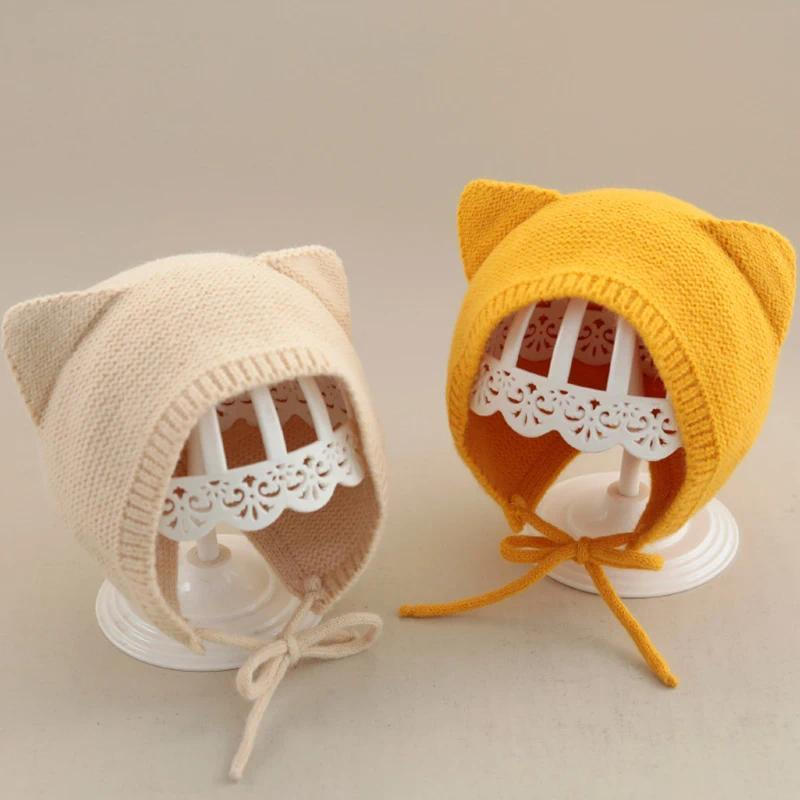 Winter Warm Knitted Baby Hat With Ears Solid Color Baby Boys Girls Cap Beanies Soft Infant Toddler Earflap Hats