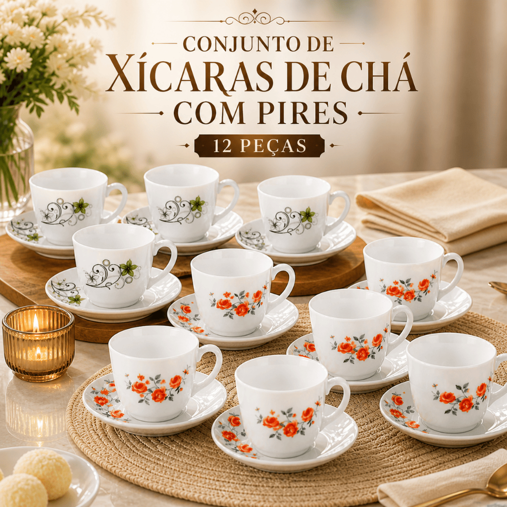 Conjunto 6 Xícaras 220mL Chá Floral Red Rose Vidro Branco Elegante Café Flores Píres Kit 12 Peças Rosa Black Caneca