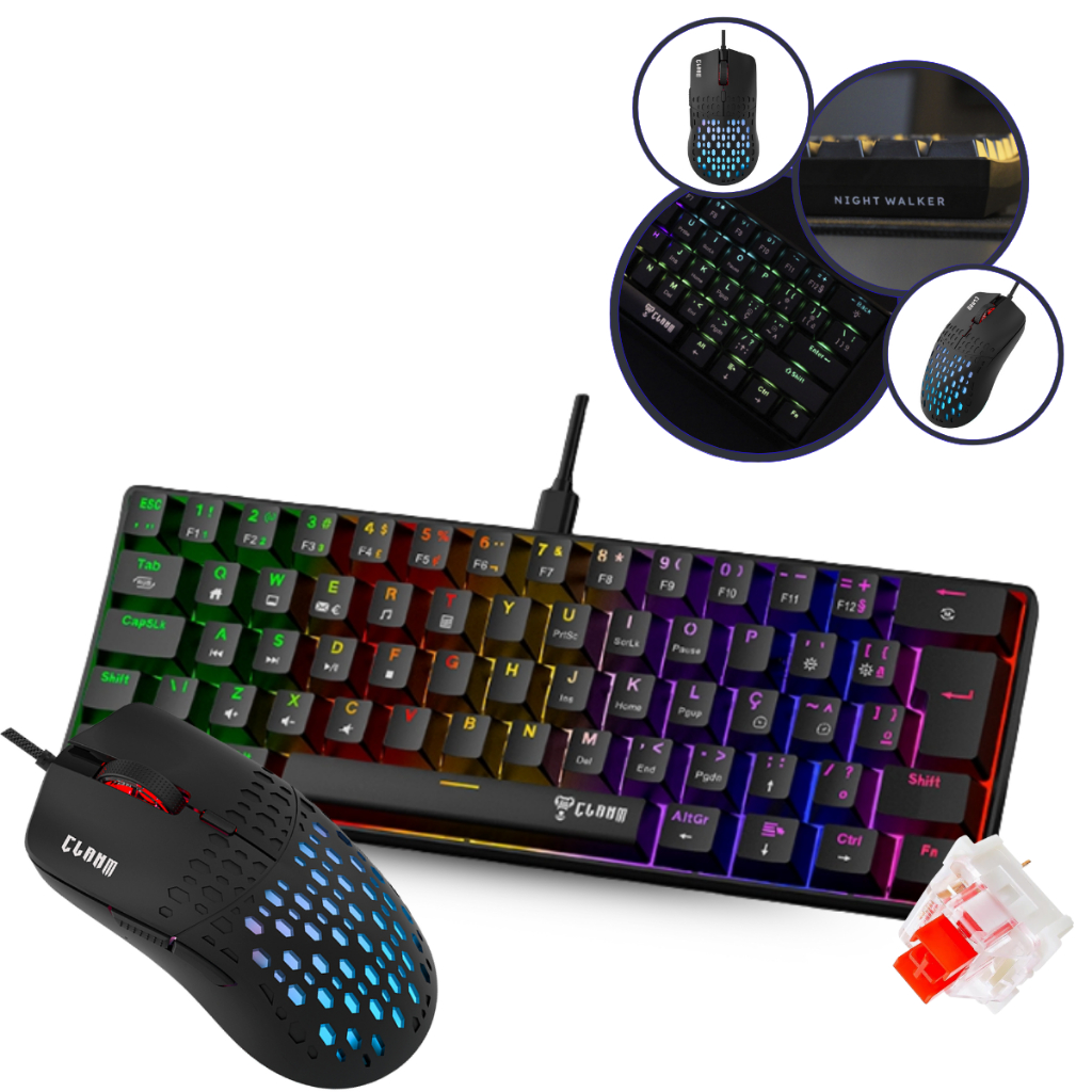 Kit Gamer Teclado Gamer Night 60% V2 Switch Red Mecânico + Mouse Gamer Slits V2 Preto