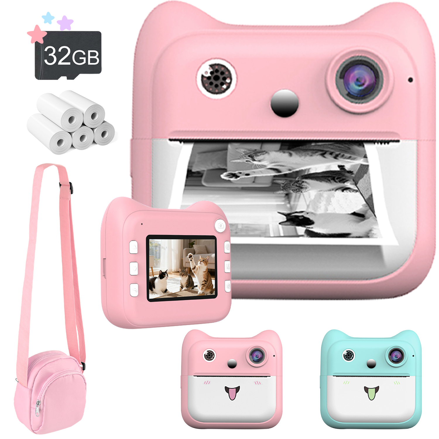Câmera Instantânea de Impressão 1080P HD com 5 Rolos de Papel 32GB Cartão Bolsa de Transporte Presente de Aniversário