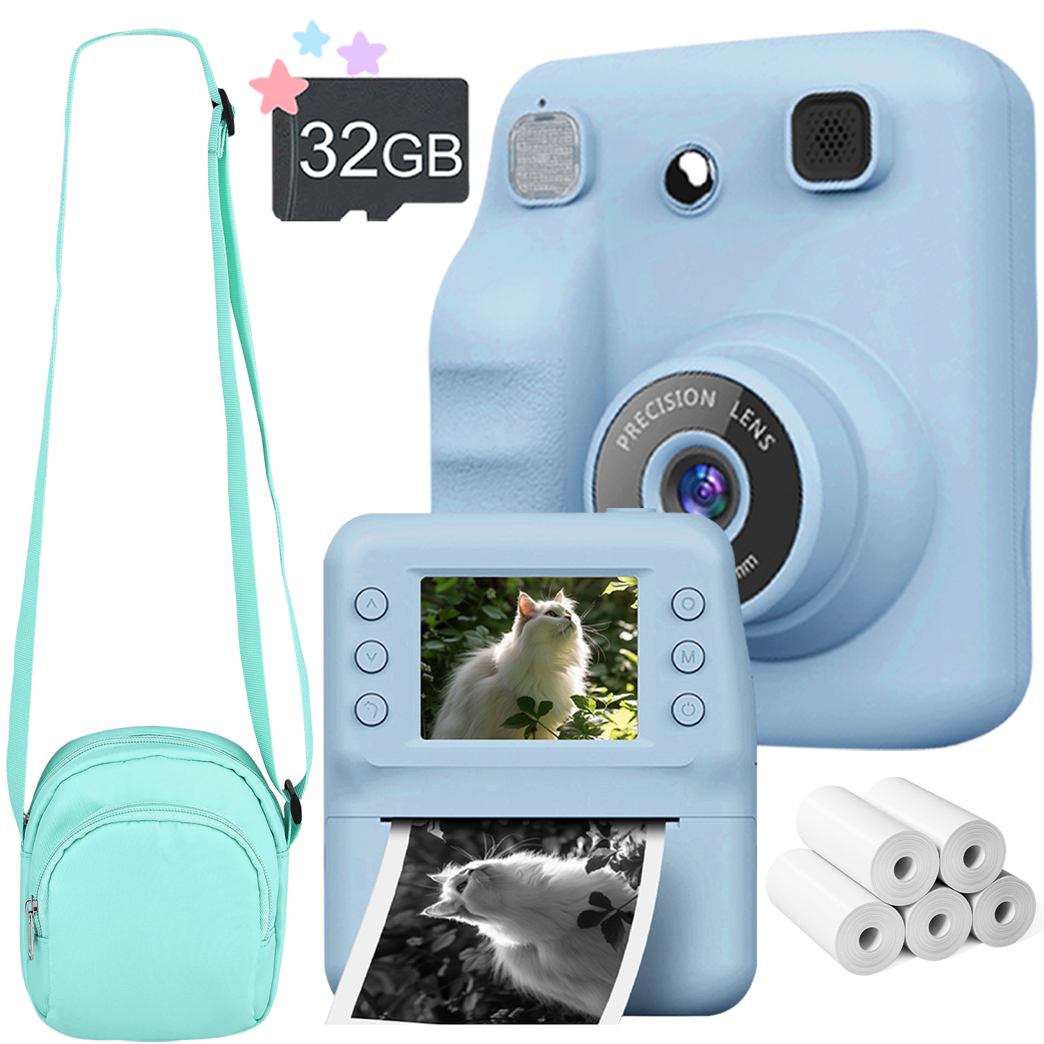 Câmera Instantânea de Impressão com Zoom 16X, Gravação de Vídeo 1080P, Flash, inclui cartão 32GB e bolsa, para crianças
