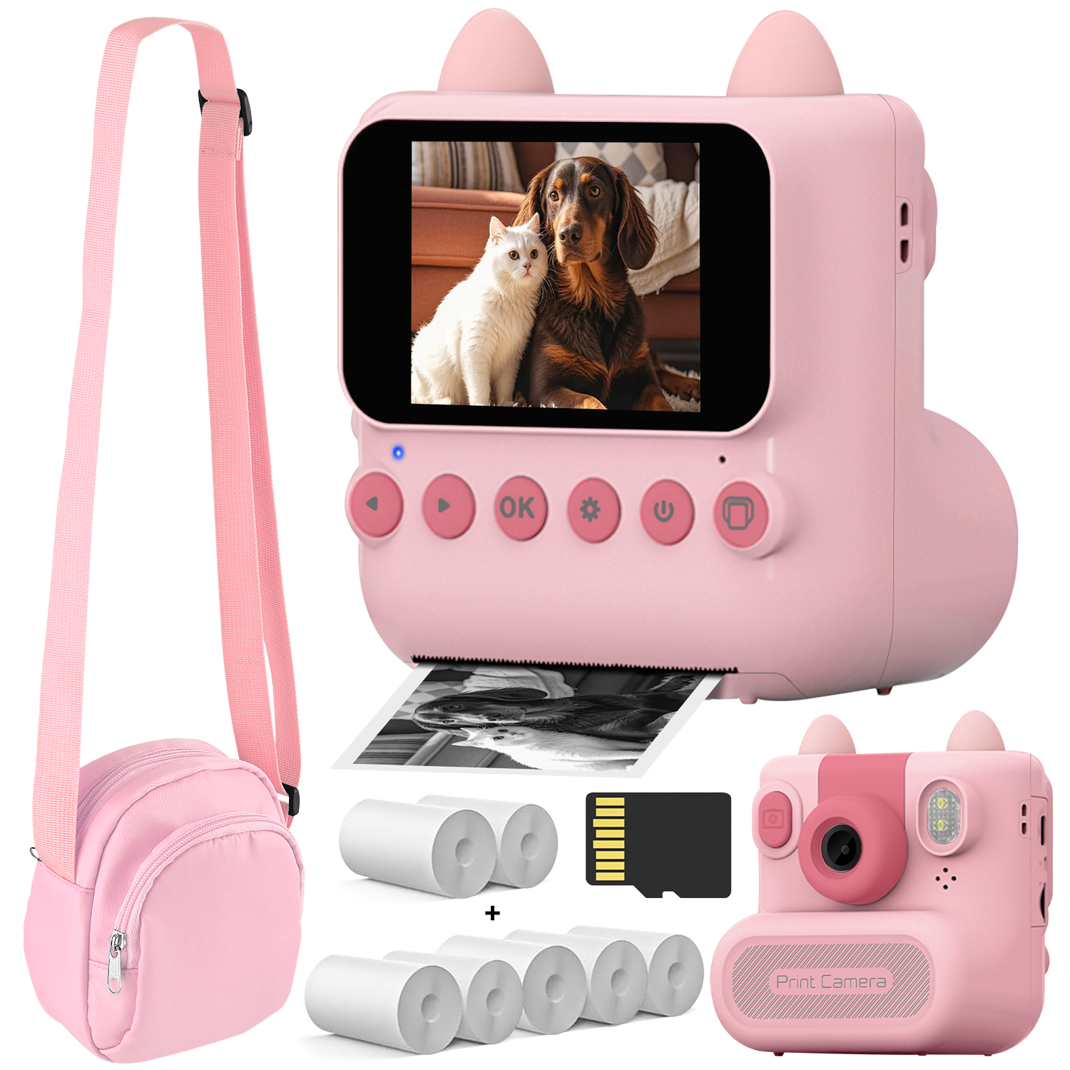 Câmera Instantânea com Bolsa para Crianças - 48MP para Fotos, Vídeo HD 1080P, Zoom 16X, Tela 2.4, Impressão Instantânea