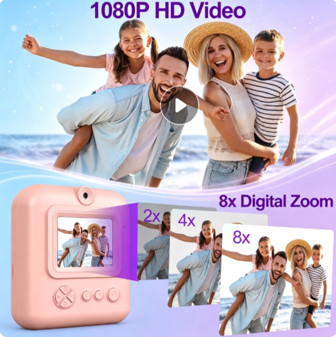 Câmera de Impressão Instantânea 1080p Digital Portátil, Brinquedo com Cartão SD 32GB, 3 Rolos de Papel e Bolsa de