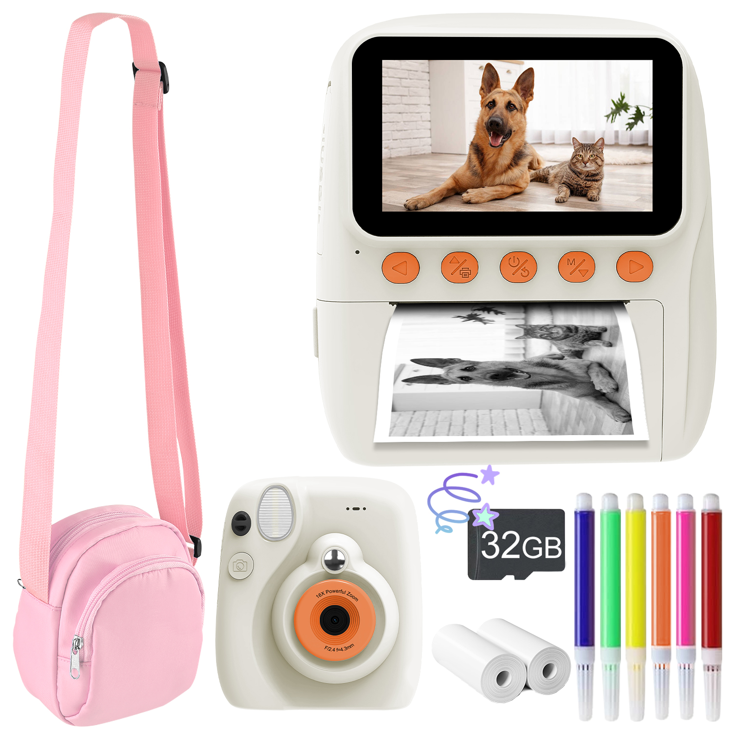 Câmera Instantânea Impressão 1080P Com 32GB SD, 5 Rolos de Papel e Bolsa para Crianças, Presente
