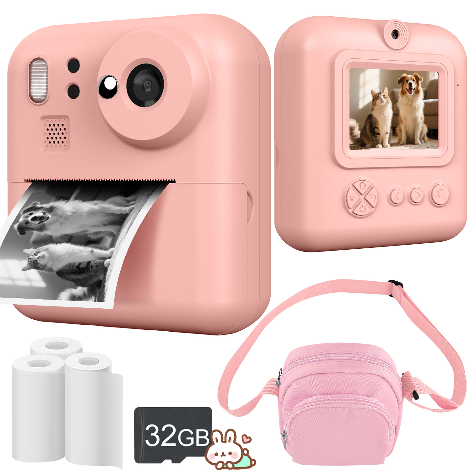 Câmera Instantânea Digital 1080P, Brinquedo Portátil com Cartão SD 32GB, 3 Rolos de Papel e Bolsa de Transporte para
