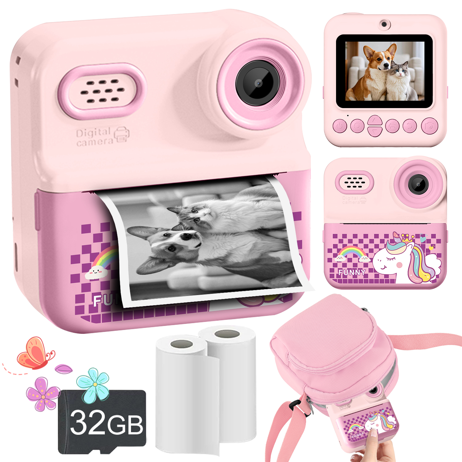 Câmera De Impressão Instantânea 1080P HD Vídeo Digital Com Cartão De 32 Gb E Bolsa De Transporte De Papel Infantil Para