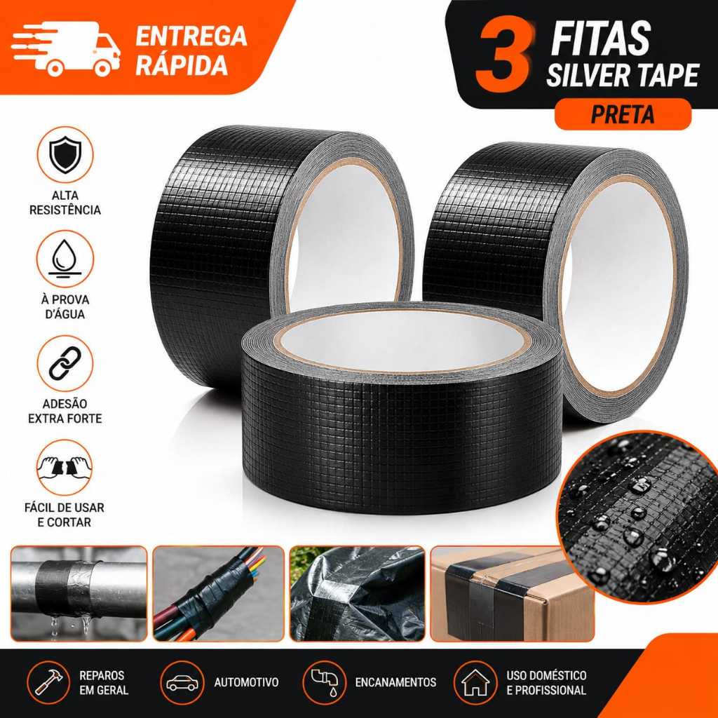 Fita Adesiva para Vedação Silver Tape Preta Reparo Multiuso Extra Forte Kit com 3 unidades
