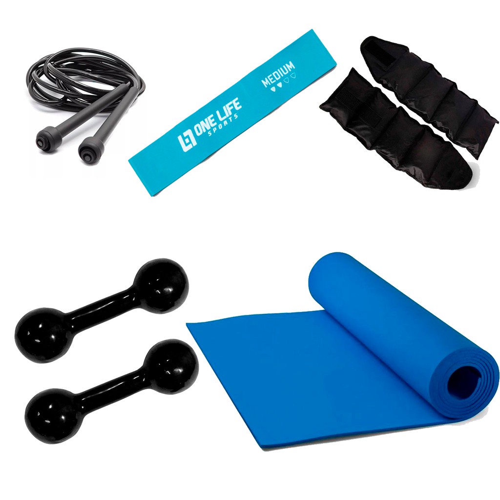 Kit Colchonete 1,20mt AZUL/Preto + Par de Caneleira Tornozeleira 3kgs + Par de Halter Bola Emborrachado 3kg +  Mini Band Médio + Corda Crossfit Profissional