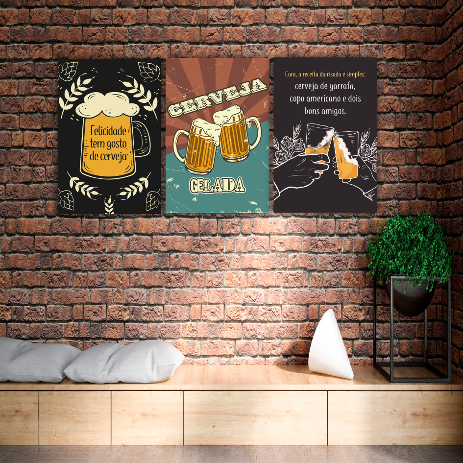 Quadro Decorativo Kit 3 Peças Buteco Bar Bebida Cantinho Churrasco - Para Parede Decoração Boteco -