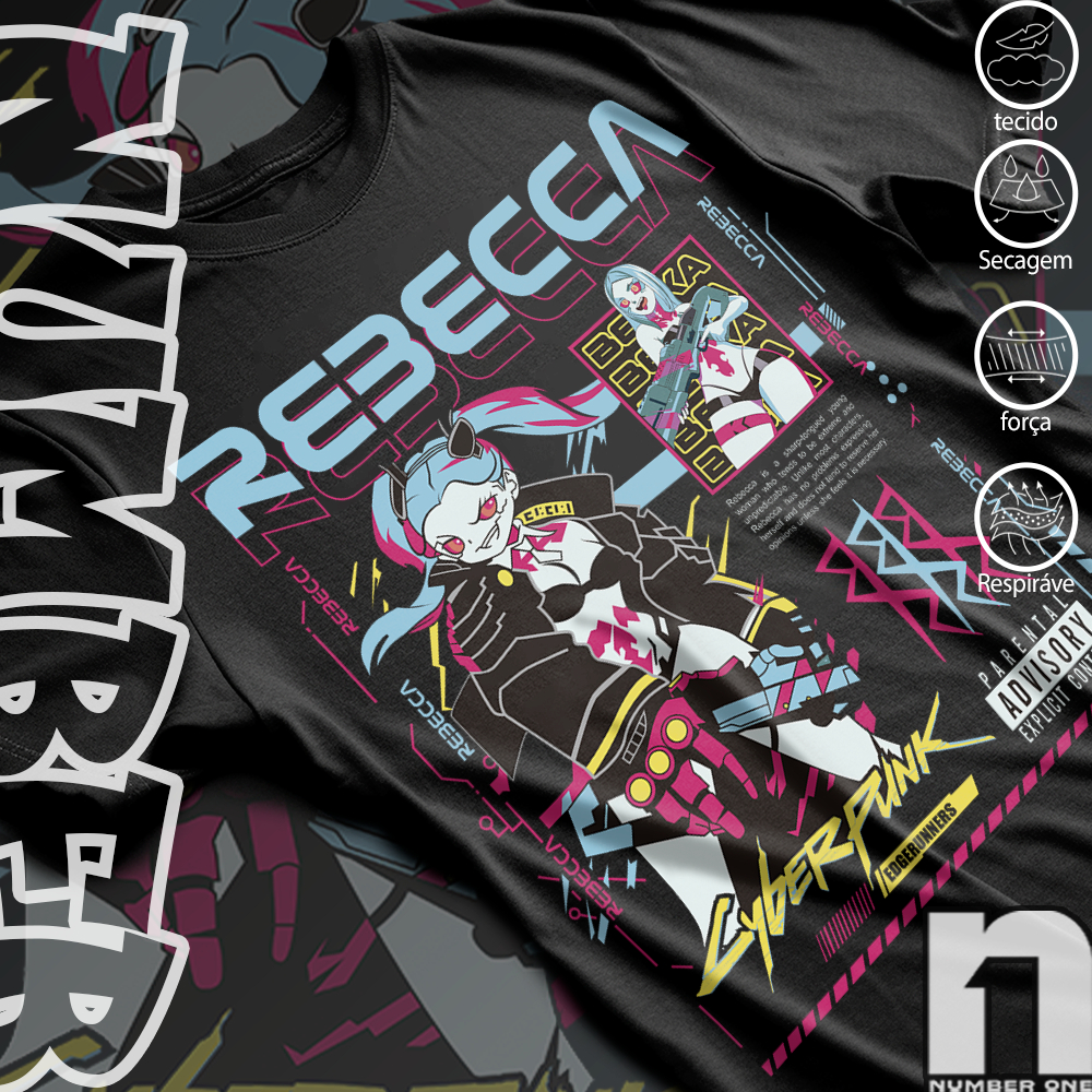Camiseta Basica e OVERSIZED Rebecca Cyberpunk Edgerunners Geek 2077 Vintage Game Unissex