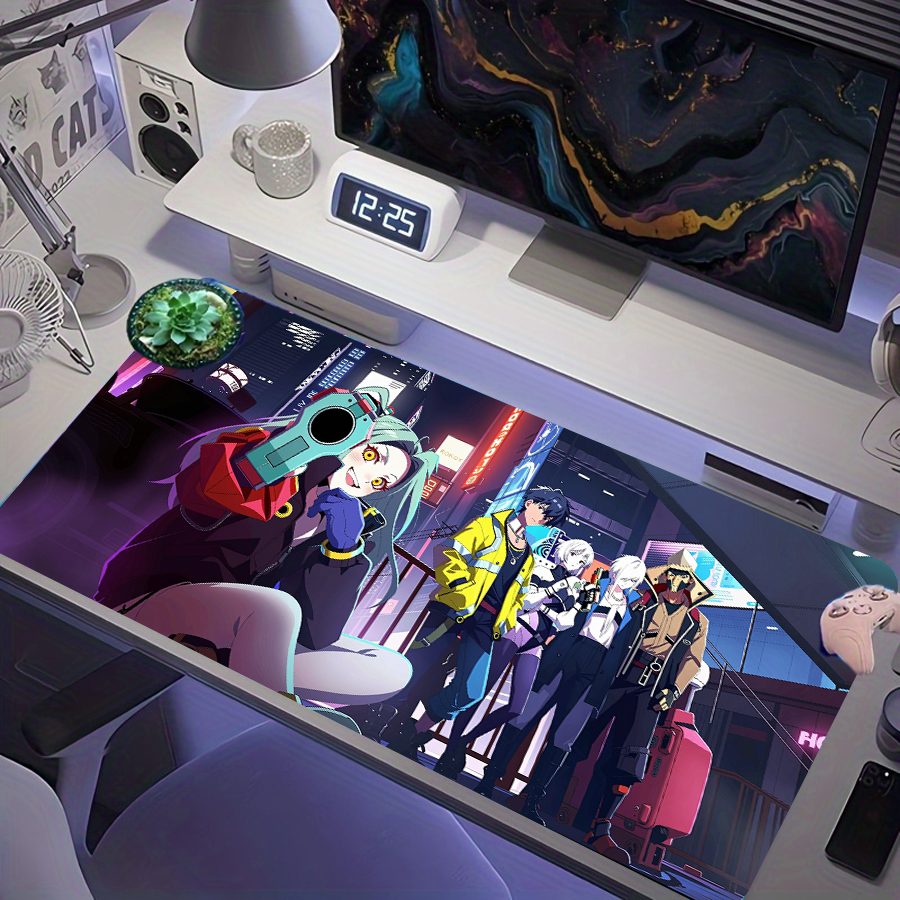 Mousepad de jogo estendido com design cyberpunk e anime, estilo Rebecca Edgerunners, para teclado e mouse,