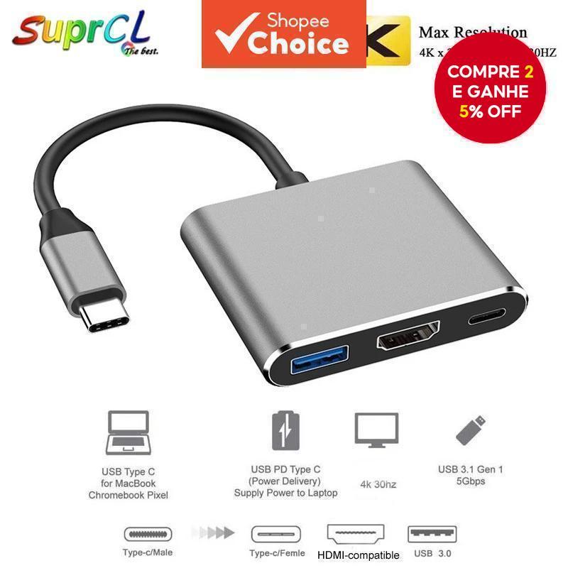 Tipo C Porta USB HUB 3 Em 1 4K Adaptador HDMI USB3.0 PD 87W Adaptadores De Metal OTG De Carregamento Para PC Laptop