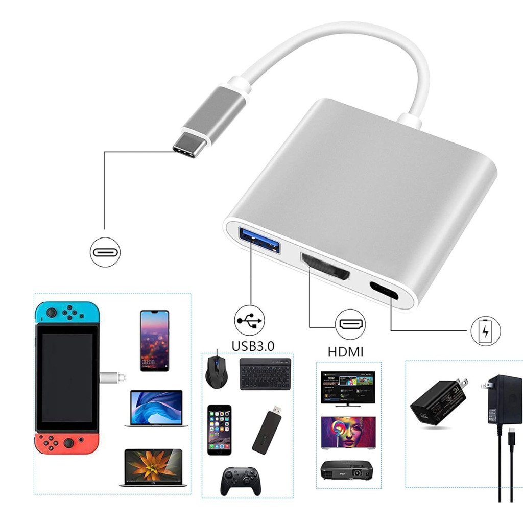 Adaptador HUB 3 em 1 Entrada Tipo C - Tipo C / HDMI / USB-A 3.0 - Type C - Verde