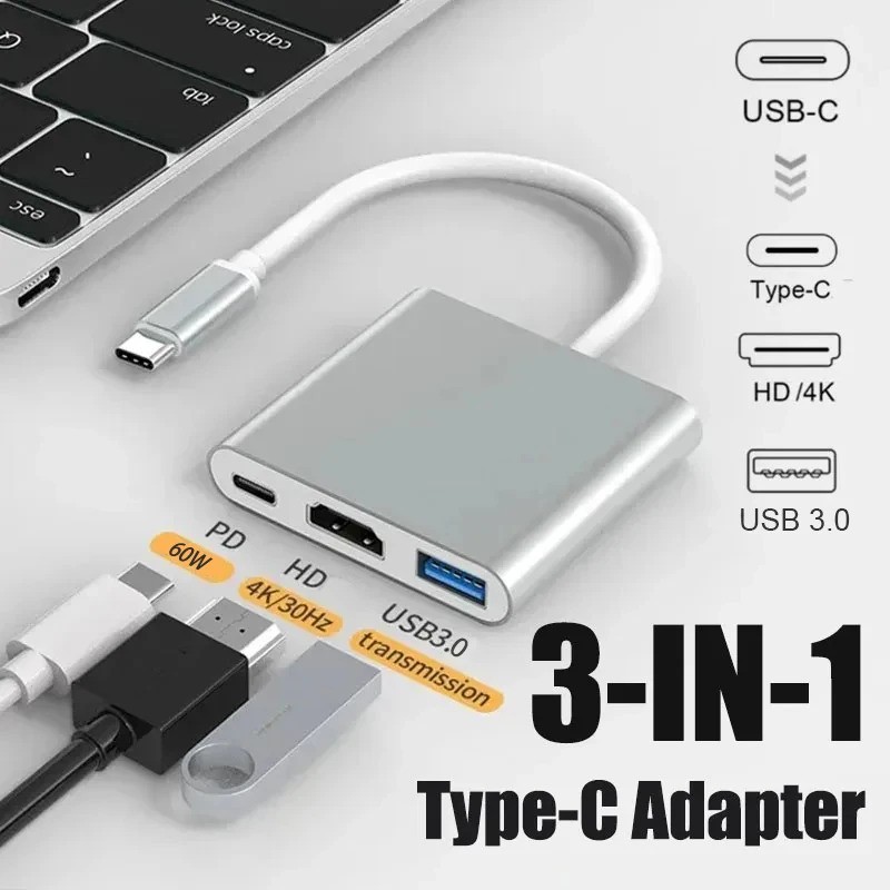 Adaptador USB C Para HDMI 3 Em 1 Type-Hub Thunderbolt 3 4K Porta De Carregamento PD TV Digital IOS