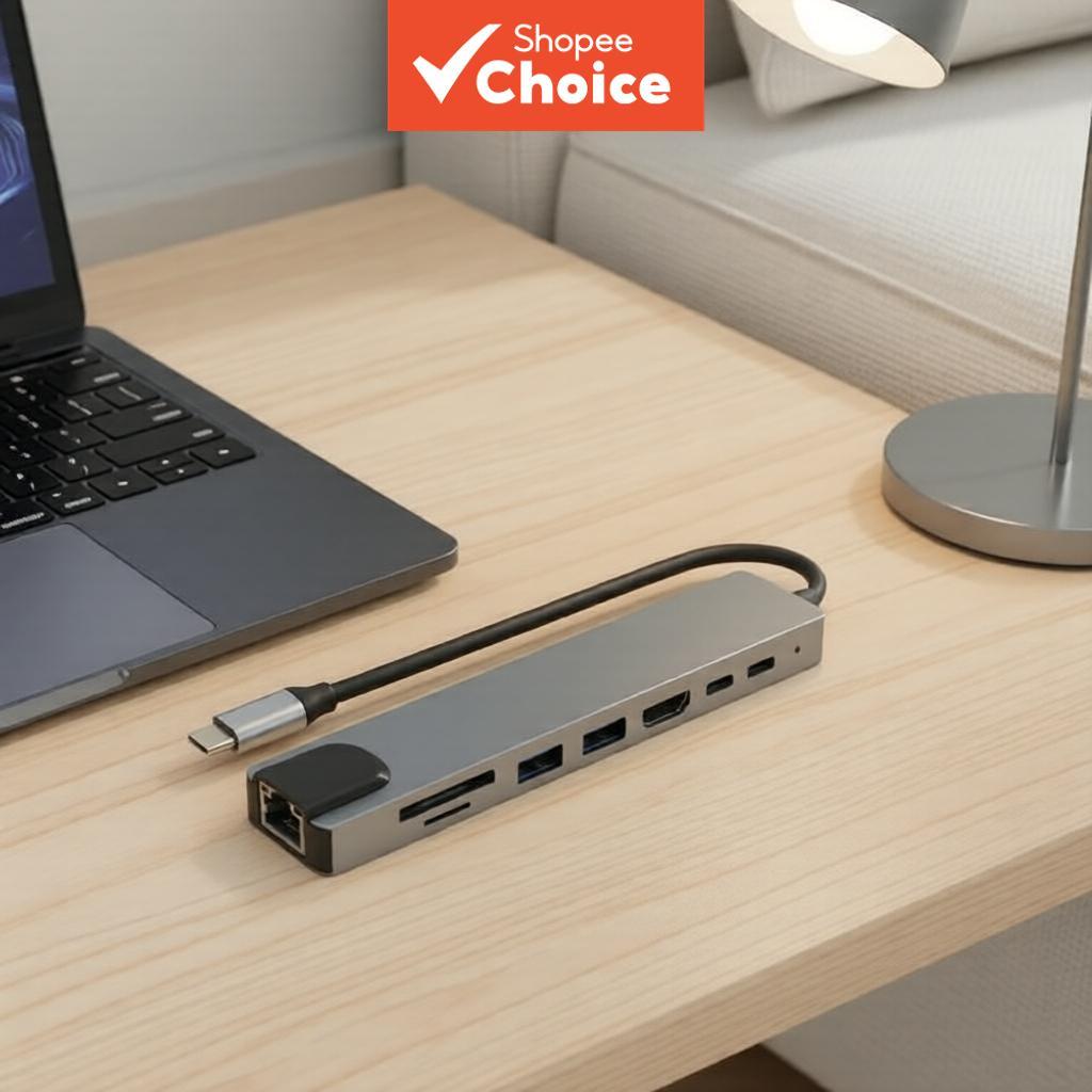 Hub USB Tipo C 8 Em 1 Com Adaptador De Leitor De Cartão SD TF 4K HDMI RJ45 Para Laptop PC
