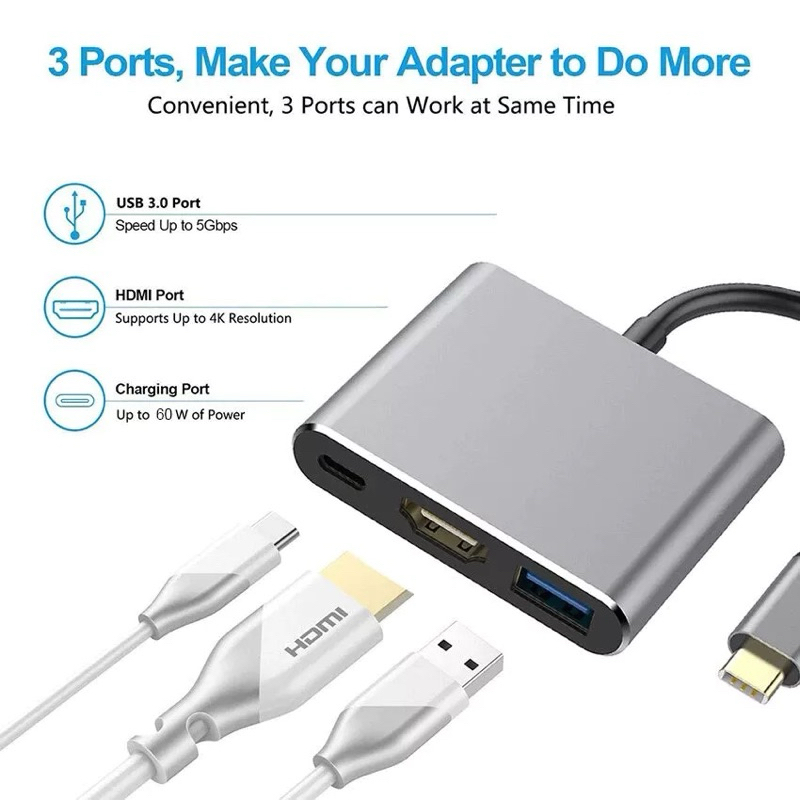 Hub 3 Em 1 Tipo C Para HDMI 4K USB3.0 PD 87W Adaptador De Metal OTG De Carregamento USB-PC Laptop