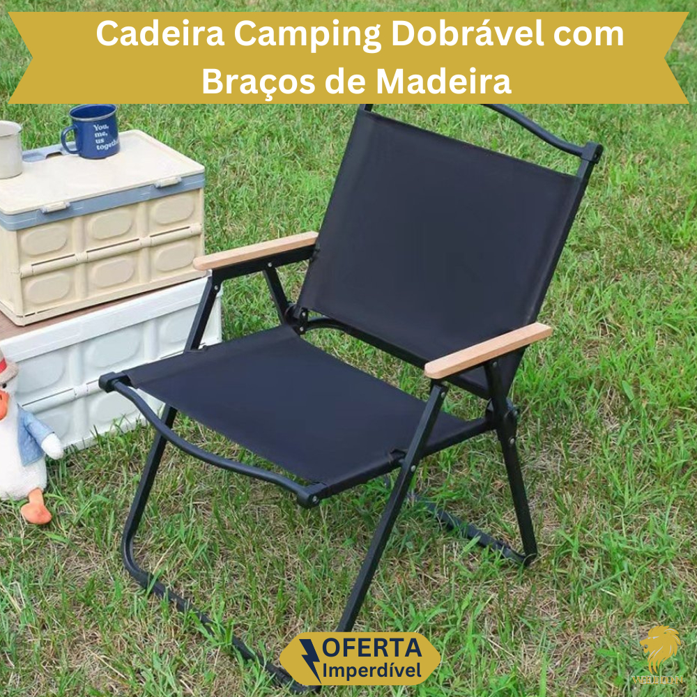 Cadeira Dobrável com Braço em Madeira Camping, Pesca, Praia Portátil Resistente Suporta 120kg